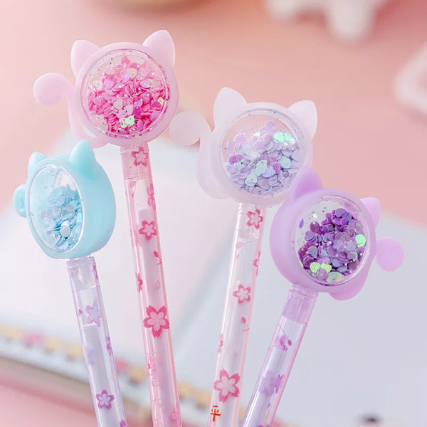 4Pcs/Set Kawaii Cat Tail Gel Pen Cute Sequins Transparent Rod Black Ink Gel Pens Office School Stationery Children Gift Pen