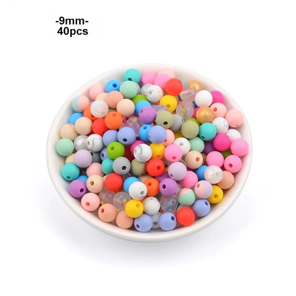 Round 40pcs Loose Silicone Beads 9mm Baby Teething Necklace Food Grade Teether BPA Free Jewelry Baby Teether Toy Pacifier