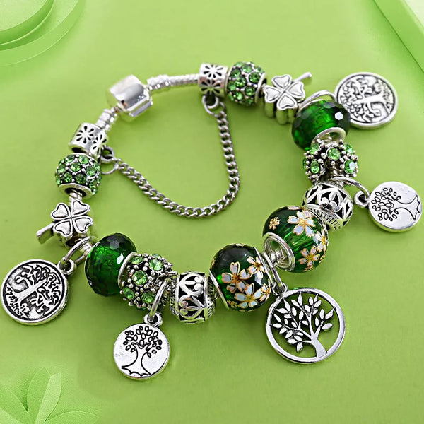 Silver Color Tree of Life Fashion Bead Bracelets Green Leaf Floral Crystal Charm Bracelet & Bangle Pulsera Jewelry