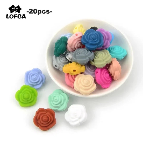 LOFCA 20pcs Double Face Silicone Flower Beads Rose Teething Charm Teether Baby Chewing HOT sale Necklace Soft Chewable Gift Toy