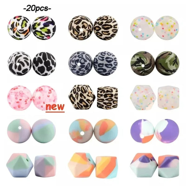 20pcs Tie dye leopard Terrazzo Dalmatian camo Silicone Loose Beads Teething Beads DIY Chewable Baby Safe Teether Round