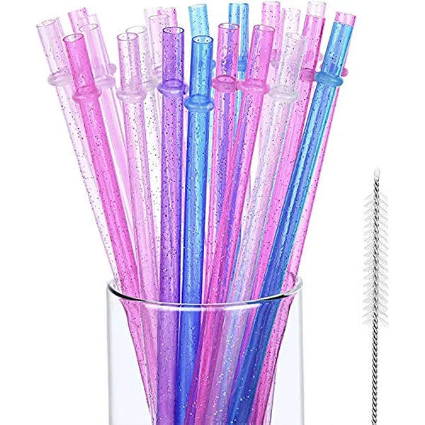 20 Pcs Reusable Plastic Straws Glitter Drinking Straws Clear Sparkle Straw with Cleaning Brush 9 Inches for Tumbler Bar Party