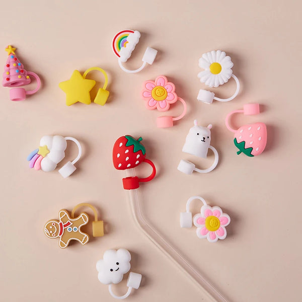 Cute Strawberry Straw Covers For Stanley Tumbler Cups Kawaii Silicone Straw Toppers Dust-Proof Protector Cap For 10mm Straws