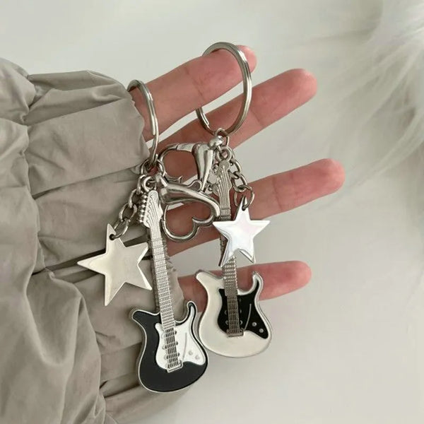 Y2k Guitar Love Heart Star Key Chain for Men Women Sweet Cool Trendy Fashion Pendant Keychain Rock Punk Vintage Accessories Gift