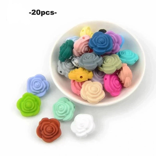 20 pieces/lot Hot Sale 21mm Double-faced Rose Flower Silicone Beads Teething For Necklace BPA Free