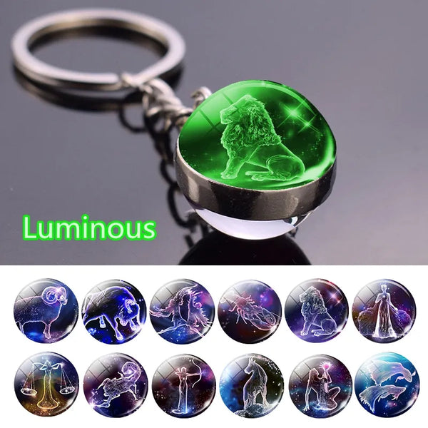 New Luminous 12 Constellation Glass Ball Key Rings Double Sided Zodiac Signs Keychain For Women Glow In The Dark Birthday Gift