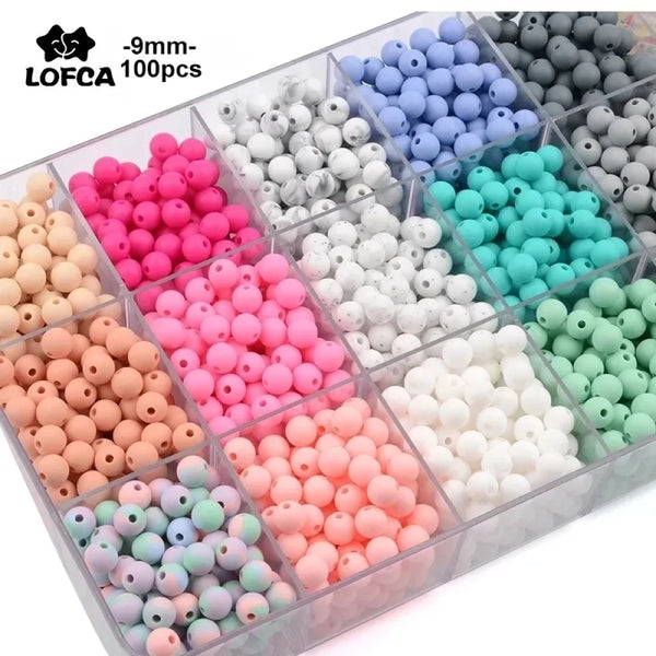 LOFCA 9mm 100pcs Silicone Teething Beads Teether Baby Nursing Necklace Pacifier Clip Oral Care BPA Free Food Grade Colorful