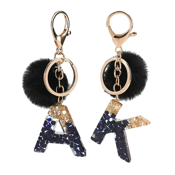 Black Pompom Letter Keychain Glitter Gradient Resin A-Z Initials Alphabet Keyring Pendant Women Handbag Phone Decorative Gift